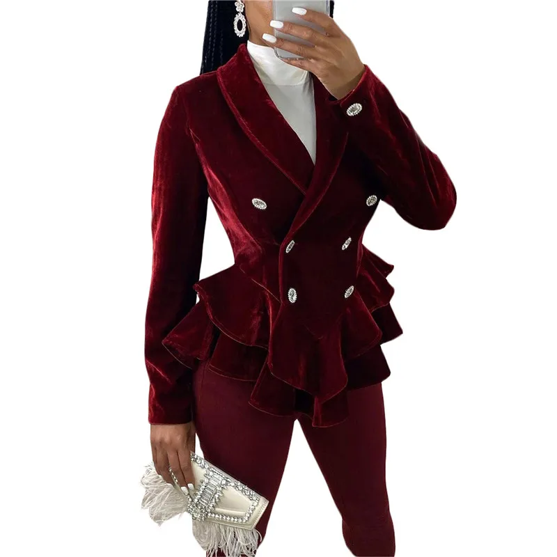 Adogirl/однотонное бордовое бархатное пальто с рюшами сезон осень-зима двубортный