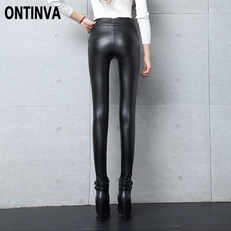 Зимние плотные флисовые леггинсы из искусственной кожи женские эластичные
