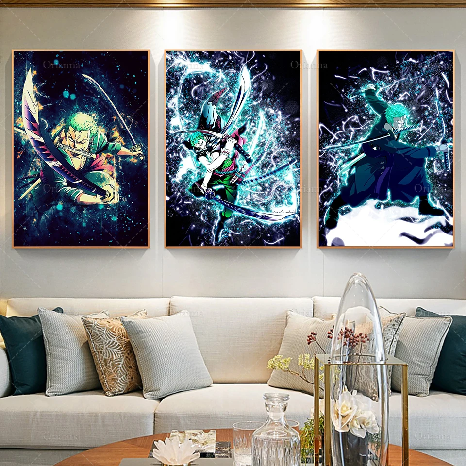 

Modern Prints Anime Poster One Piece Zoro Roronoa Three Swords Cartoon Art Poster Pictures Wall Canvas Painting Room Decoration