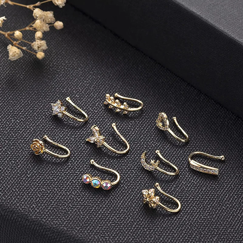 9 Pcs Fashion Nose Ring Charm Flower Heart Pentagram Crystal Metal Fake Nose Ring Clip On Nose Ring Earrings Simple Piercing