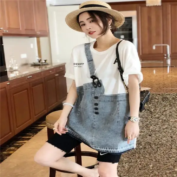

Fake two-piece strap T-shirt skirt women's summer 2021 new loose fitting denim half sleeve top fashion