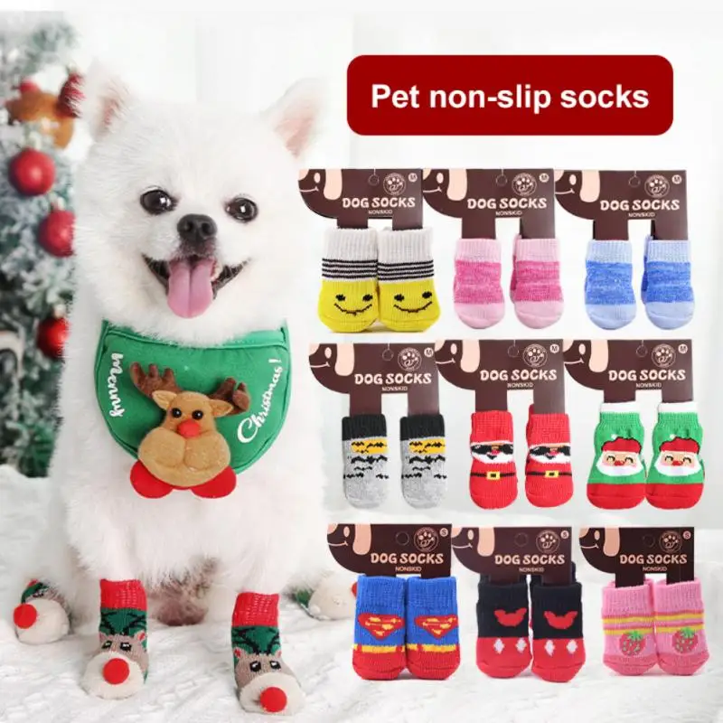 

4pcs/set Christmas New Year Cartoon Pet Socks Soft Cotton Cute Non-slip Warm Dog Sock Wear-resistant Dog Teddy Cat Pet Supplies