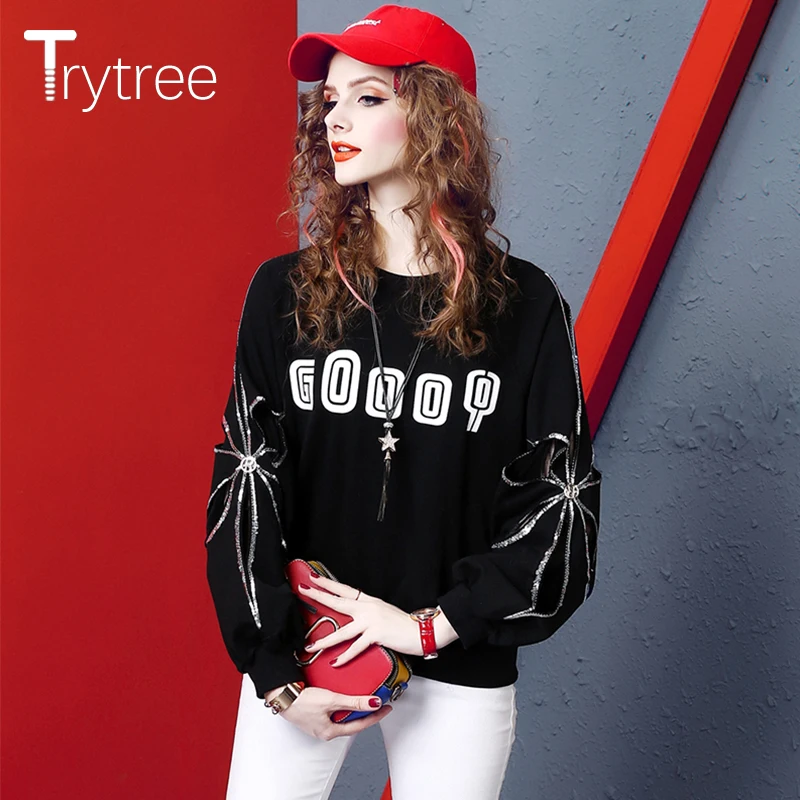 

Trytree 2020 Autumn Casual Women's Sweatshirts O-neck Sequins Hollow Out Sleeve Cotton Blends Letters Streetwear Tops for Women