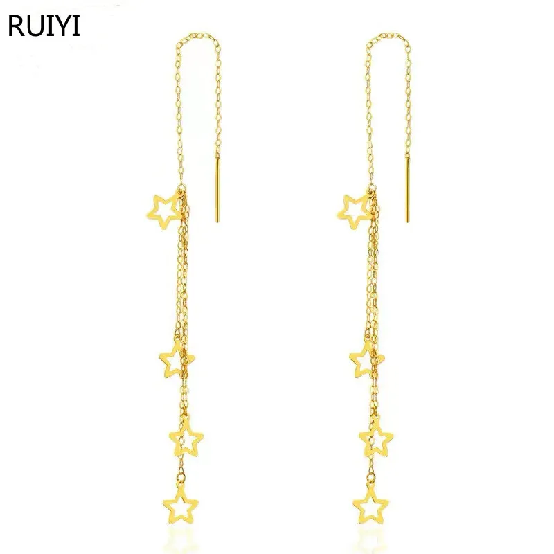 

Real 18K Gold Drop Earrings Simple Five-pointed Star Design Pure AU750 Tassel Earrings for Women Fine Jewelry Wedding Gift