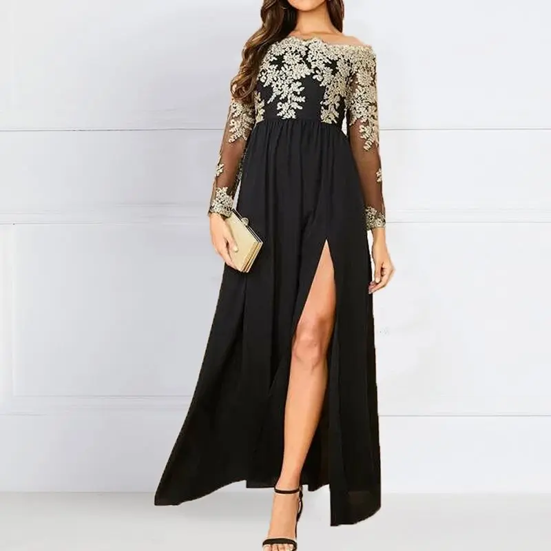 Черное женское платье с разрезом летнее кружевное высокой талией вечерние
