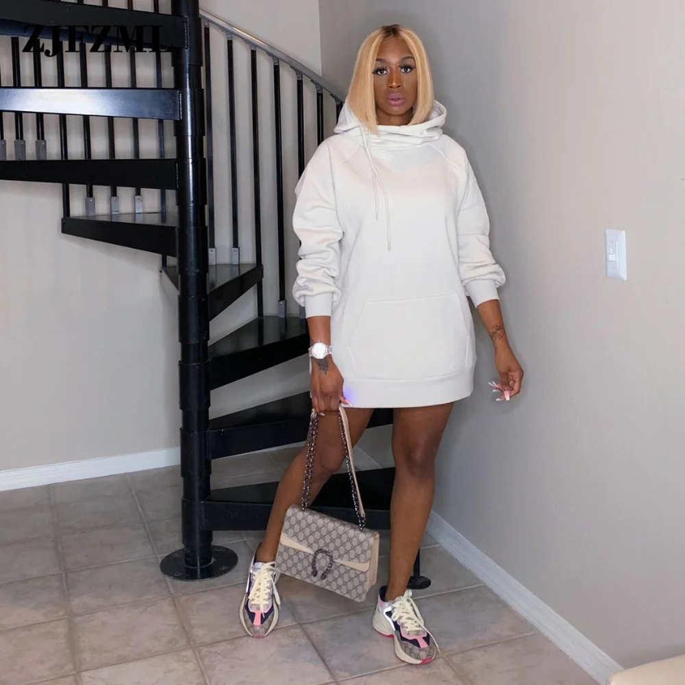 

White Khaki Spring Winter Plush Hoodies Dress Casual Hooded Drawstring Sweatshirt Dresses Harajuku Pockets Front Loose Vestidos