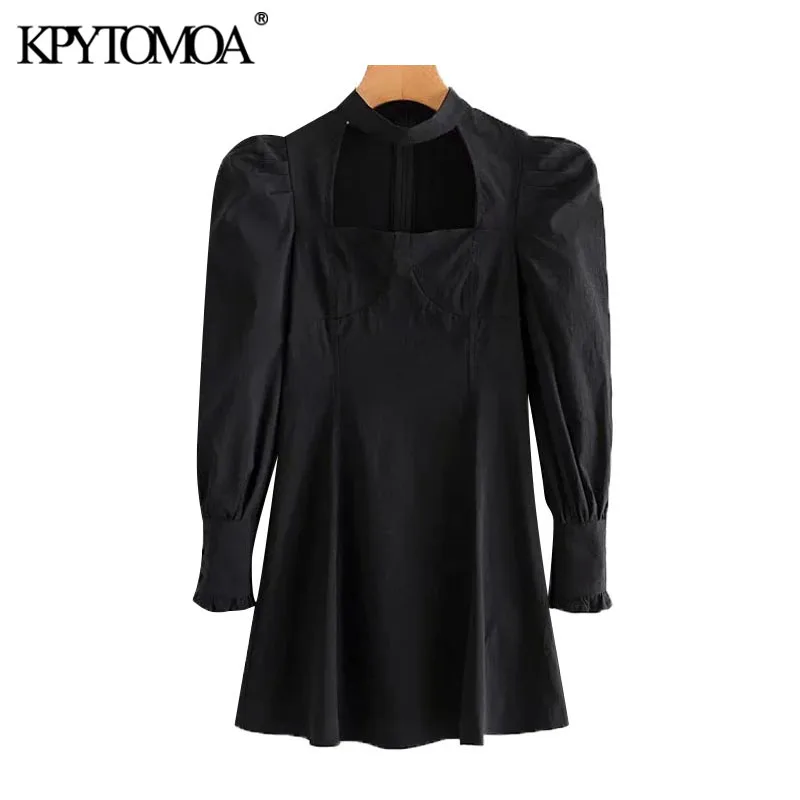 

KPYTOMOA женское 2021 шикарное модное ажурное приталенное мини-платье винтажные женские платья с высоким воротом и пышными рукавами на молнии сз...