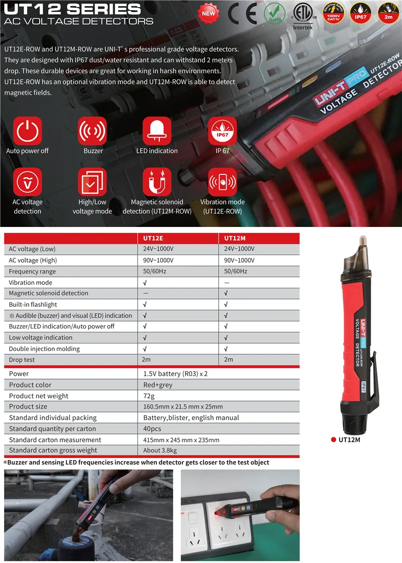 UNI-T UT12E/UT12M/UT12D Бесконтактный детектор напряжения переменного тока; высокий и низкий Двойной Режим Регулируемый чувствительный смарт-тест карандаш 24 V-1000 V