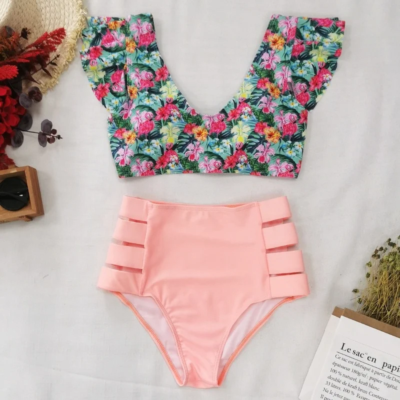 

High Waist Bikini 2021 Ruffle Swimwear Women Print Sexy Swimsuit Push Up Bikinis Bathing Suits Floral Beach Wear Wholesale Items