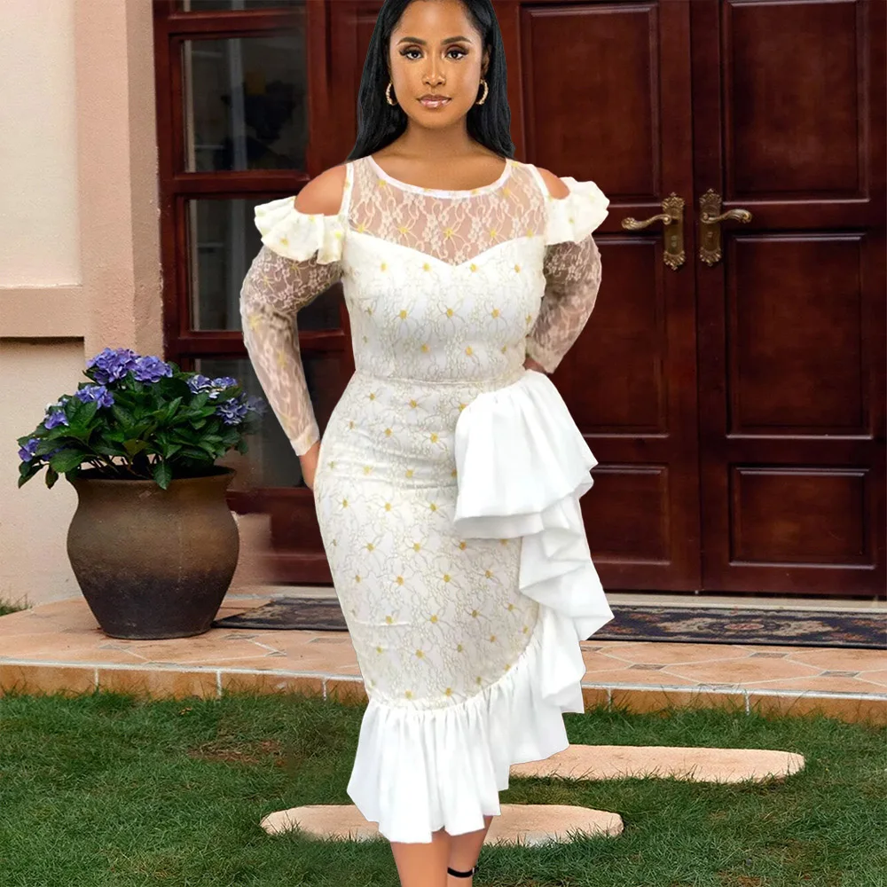 

Long Sleeve Mid-Calf Patchwork Round Neck Floral Women's Dress Sexy See-through Lace Ruffled Print Party Banquet Party Dresses
