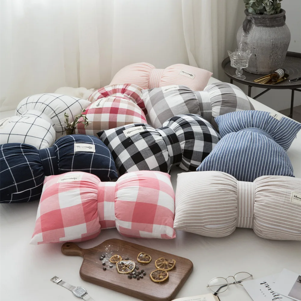 Подушка Ins в клетку с бантом и лотосом для девочек милая хлопковая декоративная