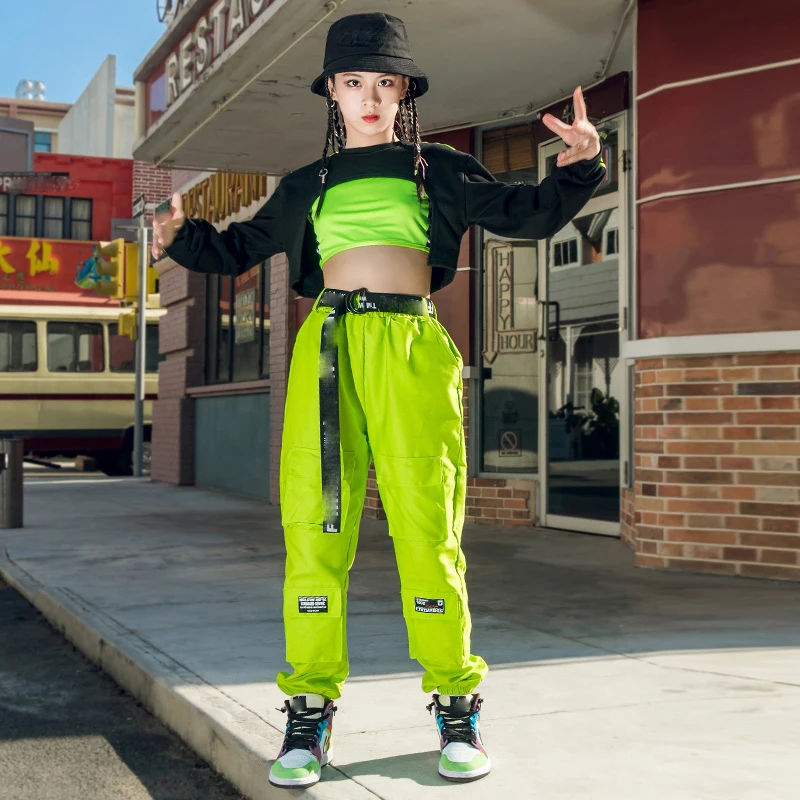 

Костюмы танцевальные для девочек, зеленый жилет, штаны в стиле хип-хоп для бальных танцев, хип-хоп, сценические наряды DN6789