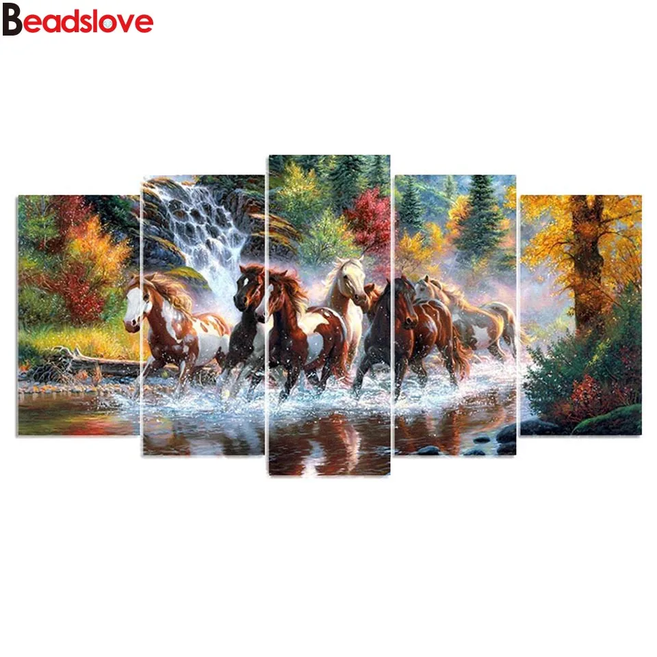 

DIY полностью квадратная круглая Алмазная Картина лошадь мульти-картина комбинация животных вышивка водопад пейзаж мозаика домашний декор