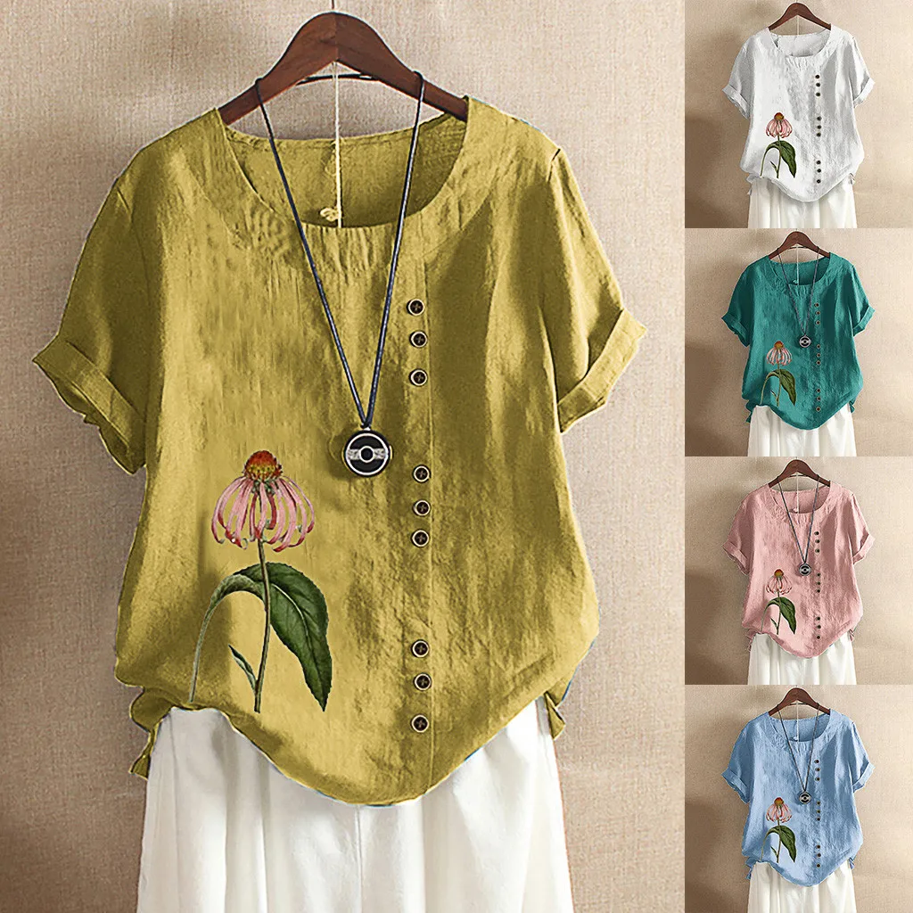 

Fashion Cotton Linen Blouse Oversize Loose Floral Print Tops Casual Summer Ladies Top Female Women Short Sleeve Blusas Pullover