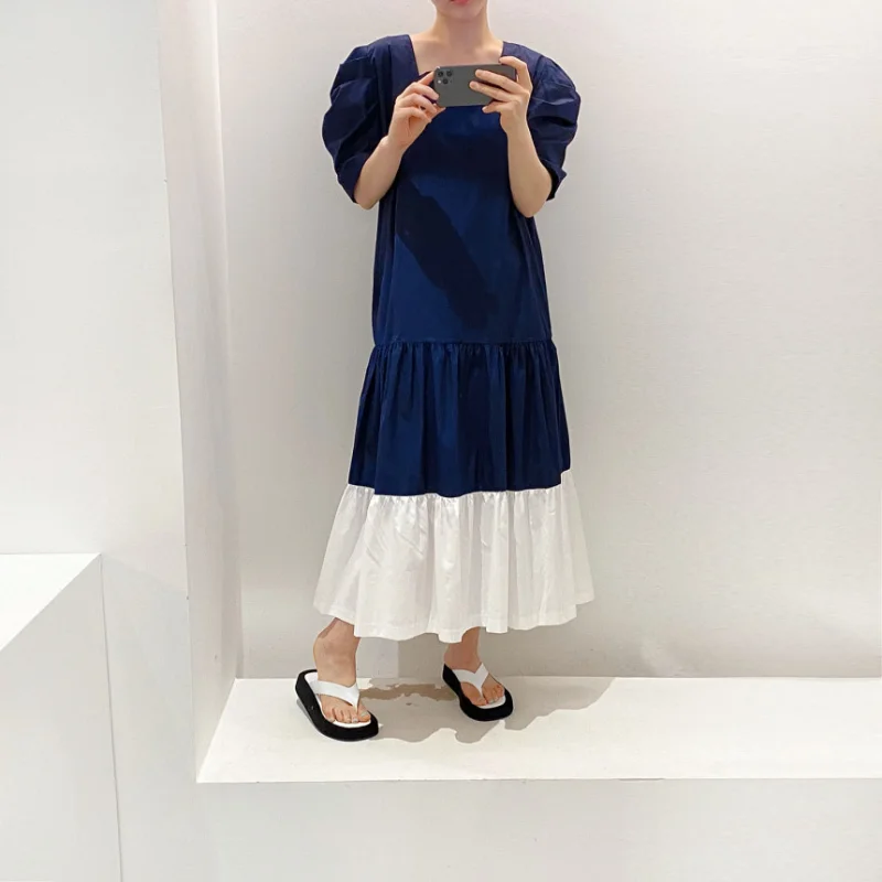 

Vintage Square Collar Puff Sleeve Woman Dress Simple Contrast Color Patchwork Dress Elegant Loose Office Lady All Match Vestidos