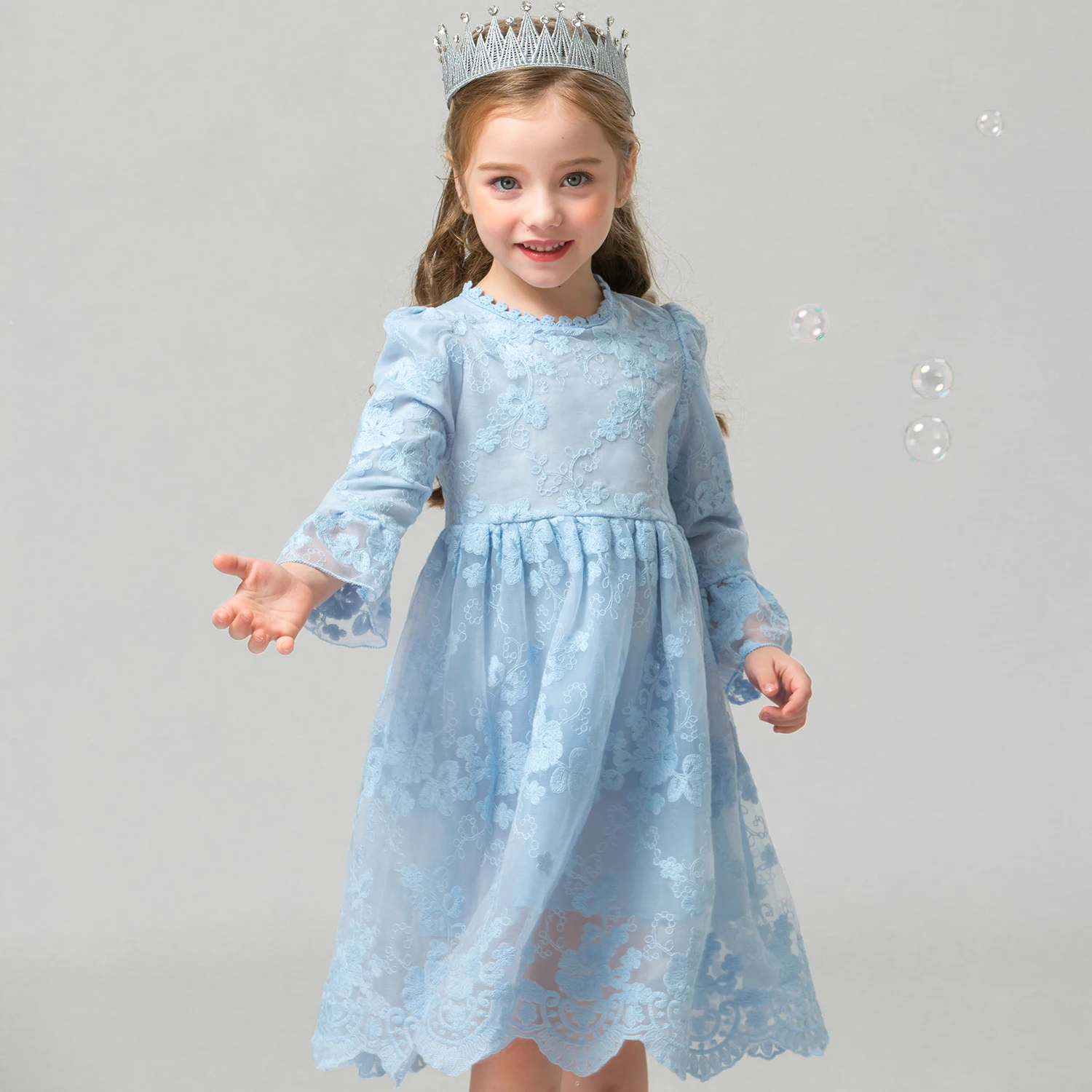 

Платья для девочек, кружевное платье принцессы с длинным рукавом, летнее, весеннее, праздничное, Школьное, Повседневное платье с цветочным у...