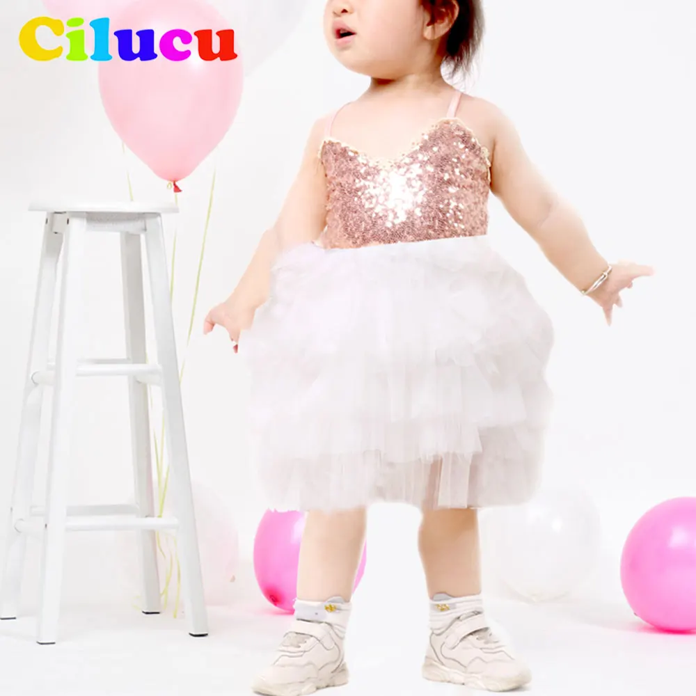 Toddler Girl Sequin Dress Kids Tutu Sling Summer White Flower 4t Pageant Wedding Bridesmaid for Girls Rose Gold | Детская одежда и