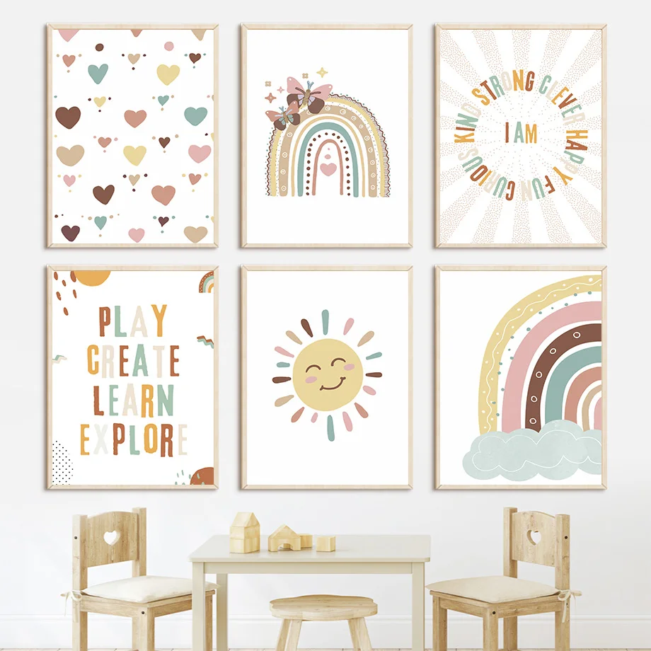 Настенная картина для детской комнаты с изображением радуги солнца бабочки