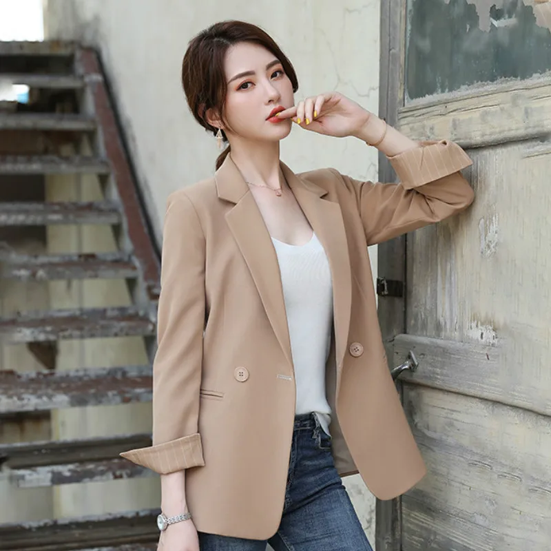 

Женский однотонный блейзер из органической кожи; Новинка 2021 года; Сезон осень-зима; Пальто с длинными рукавами в Корейском стиле для деловой...