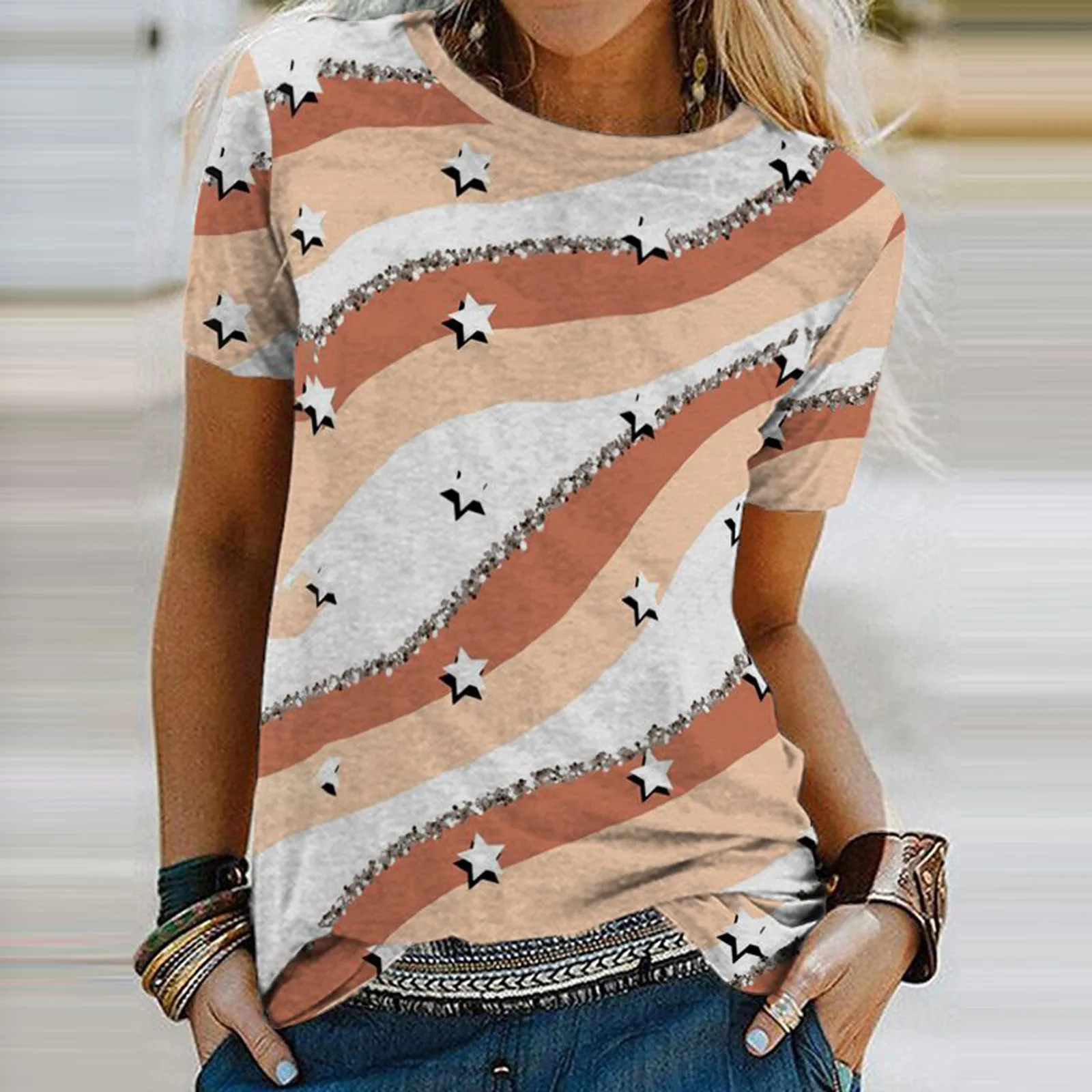 

Plus Size Women Short Sleeve Printed O-Neck Tops Tee T-Shirt Blouse Ladies Fashion Leopard Print Stitching Printed Short tops