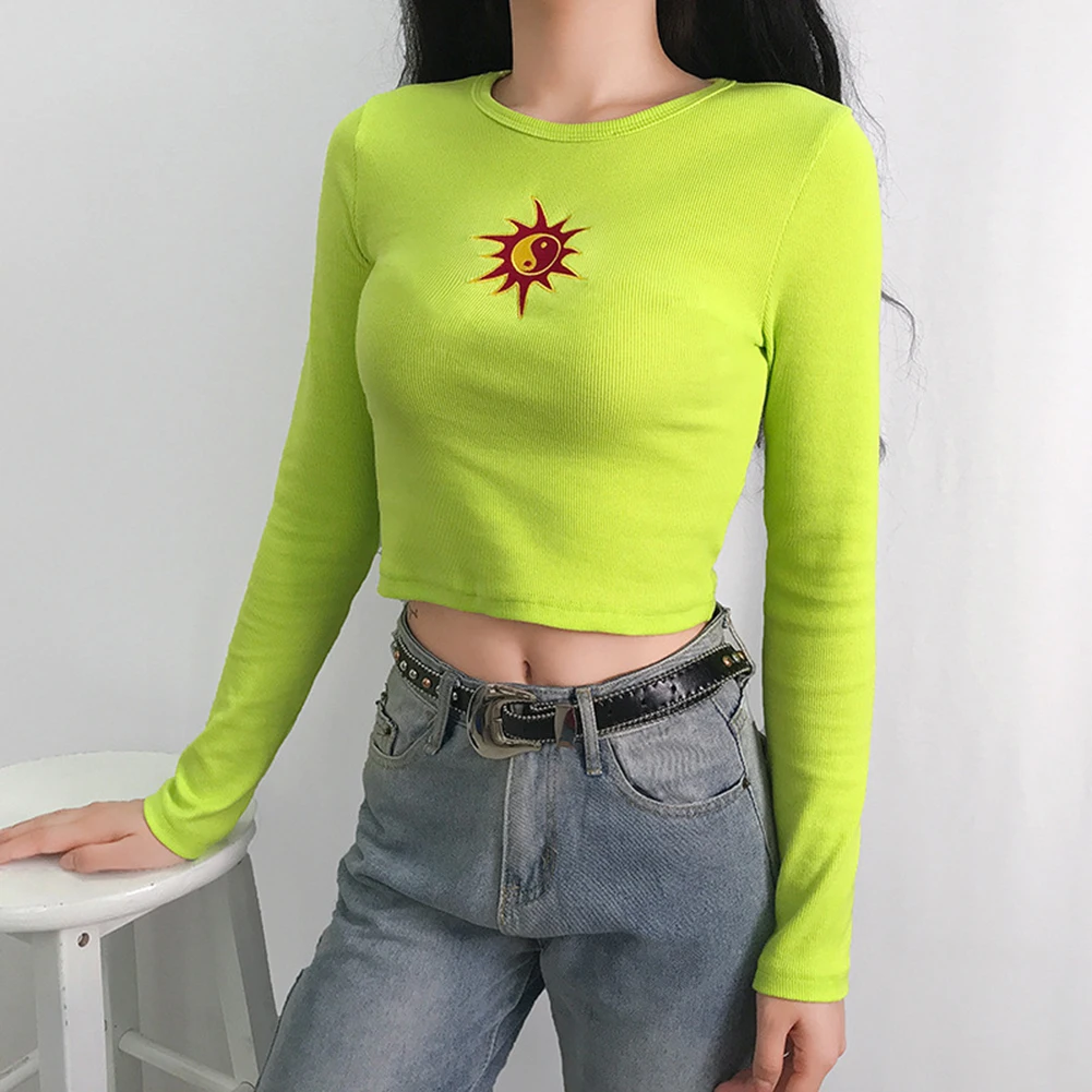 Женская модная неоновая зеленая футболка с вышивкой от солнца топы для девочек