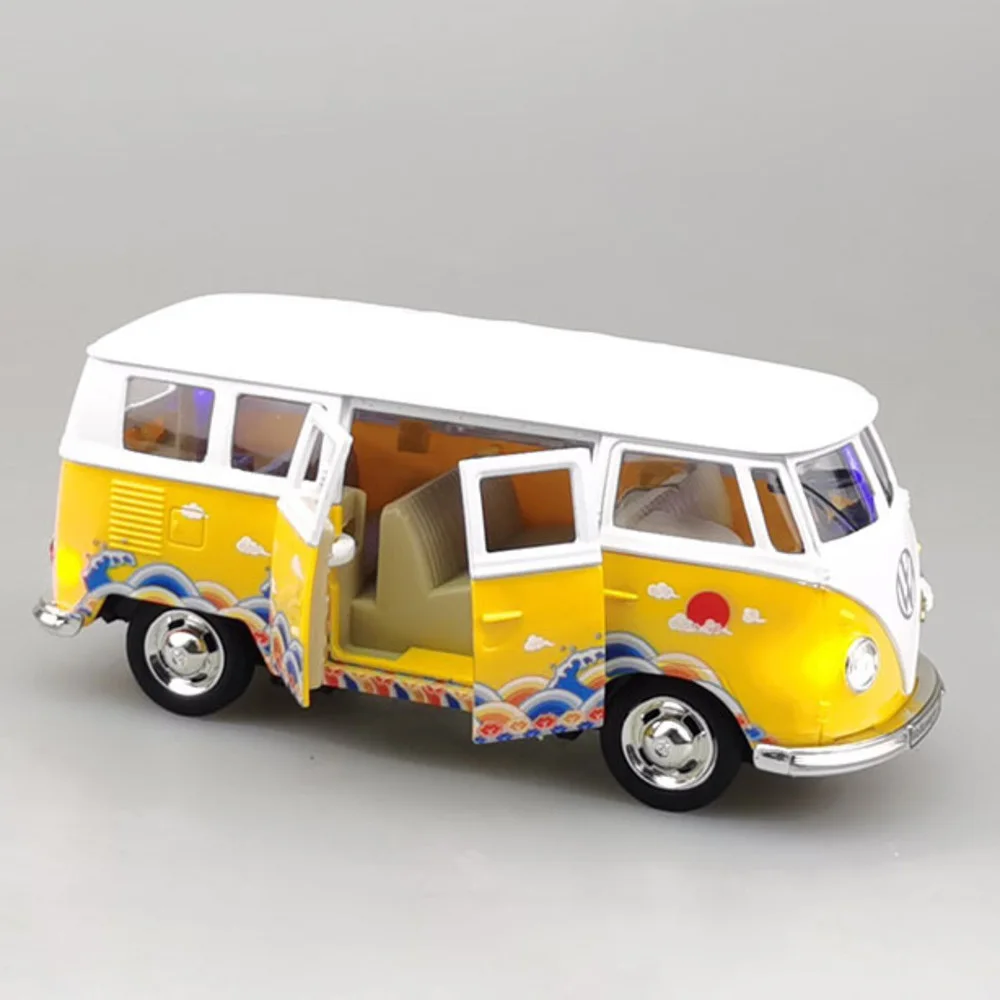 Modelo de autob&uacute;s Volkswagen T1, juguete de aleaci&oacute;n fundido a presi&oacute;n, estilo chino, con luz, 3 puertas, veh&iacute;culo Opend, juguetes para ni&ntilde;os, 1/30-4