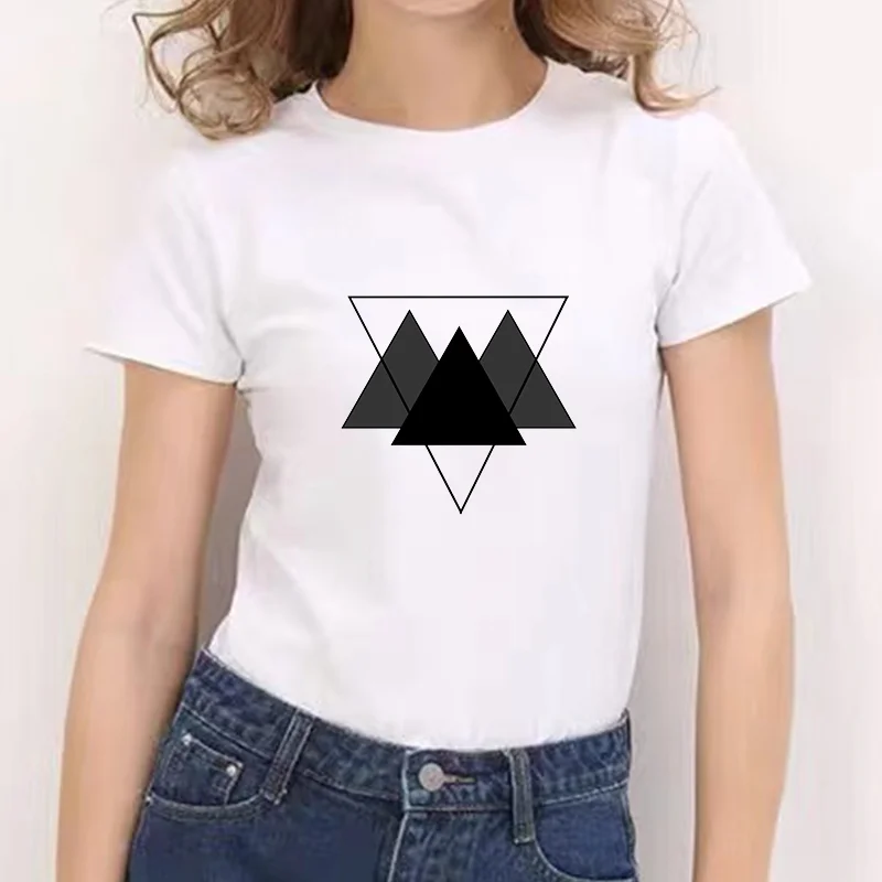 

2021 Triangle Fashion Casual White Rushed Print White T-shirt Recommend Cotton Short Sleeve Cute Art Tee Women O-NECK T-shirt