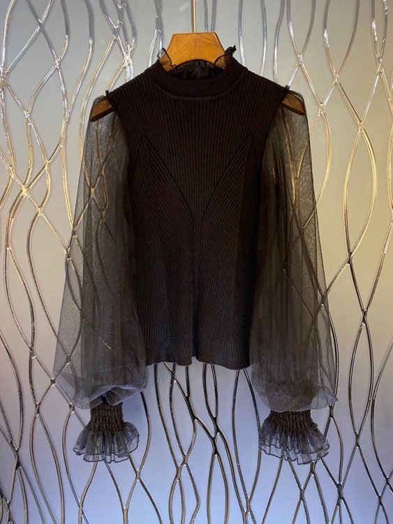 

2020 autumn and winter new women's round neck perspective stitching lantern sleeve decoration long sleeve shirt 1118