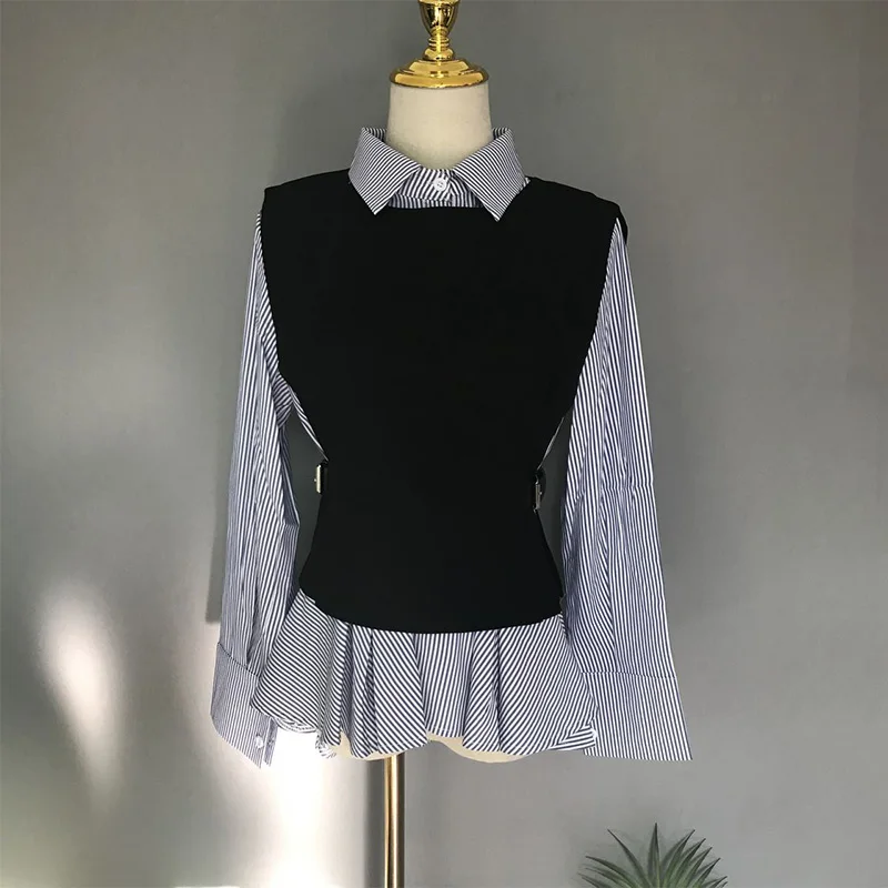 

Винтажная блузка из двух частей, женский черный жилет и полосатая блузка, топы, женская уличная одежда, рубашка с оборками на подоле, блузы для женщин