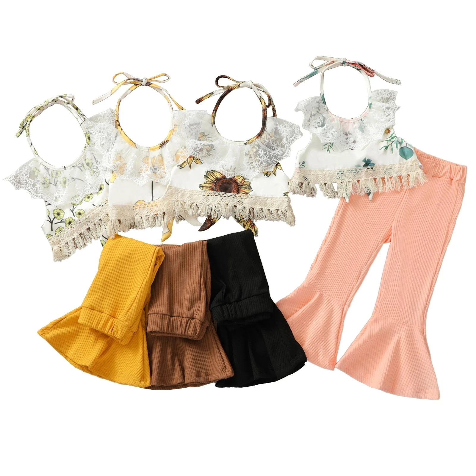 

Одежда для девочек-подростков Цветочный Принт без рукавов укороченные топы с кружевом + однотонные Цвет расклешенные брюки От 2 до 7 лет