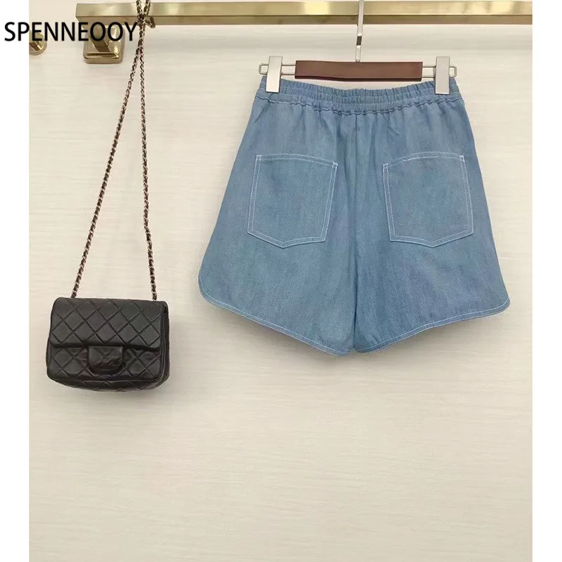 SPENNYMOOR Designer Brand Summer Denim Shorts Women Elastic Waist Letter Embroidery Casual Shorts