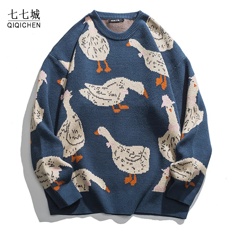 

Mens Japanese Knitted Sweater Cartoon Funny Goose Streetwear Harajuku Vintage Pullover Autumn Cotton College Sweater Unisex New