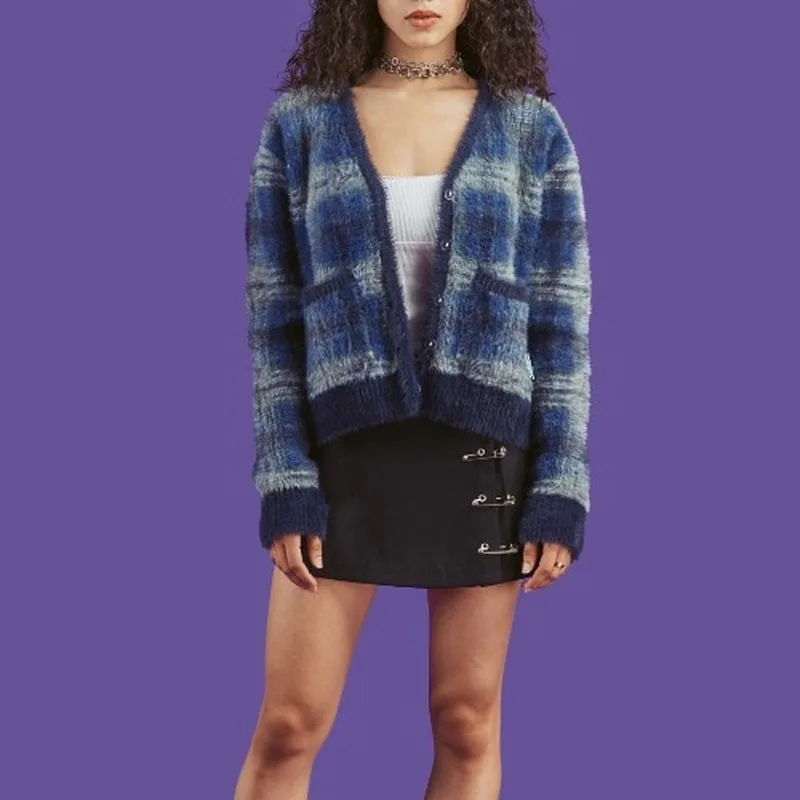 Vintage Synthetic Mink Cashmere Sweater Women Harajuku Lazy Style Ladies V-Neck Button Up Cropped Fuzzy Plaid Cardigan Knitted |