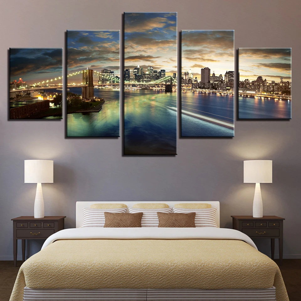 Night City Building picture canvas New York london farmhouse decor framed wall art pictures for living room 5 Panel Abstract 49 | Дом и сад