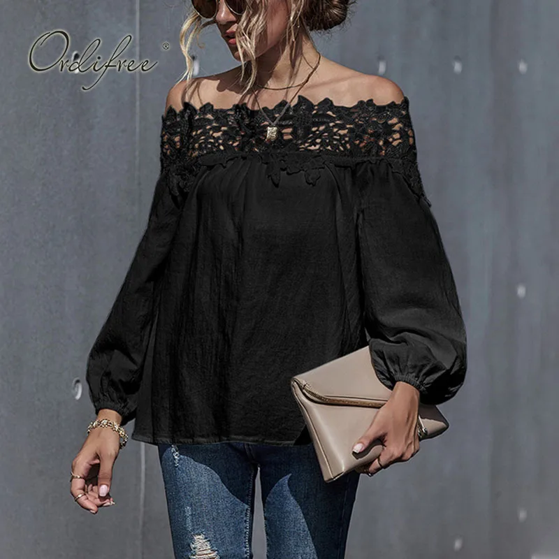 

Ordifree 2021 Summer Women Off Shoulder Blouse Shirt Long Sleeve Slash Neck White Lace Crochet Sexy Beach Blouse Tops