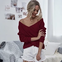 womens knit top off shoulder sexy deep v neck long sleeve pullover solid color women 2021 new fashion casual knitwear
