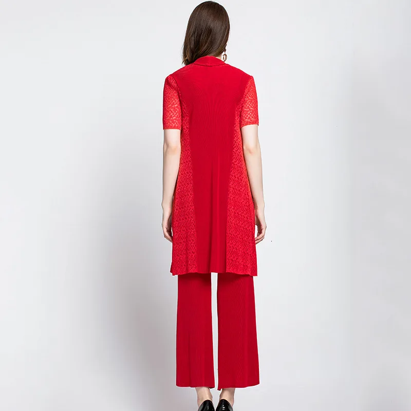 LANMREM 2020 New Fashion Pattern Pleated Stitching Lace Slimming Solid Elegant Shawl Wide-leg Pants Female Three-piece Set AD069 | Женская