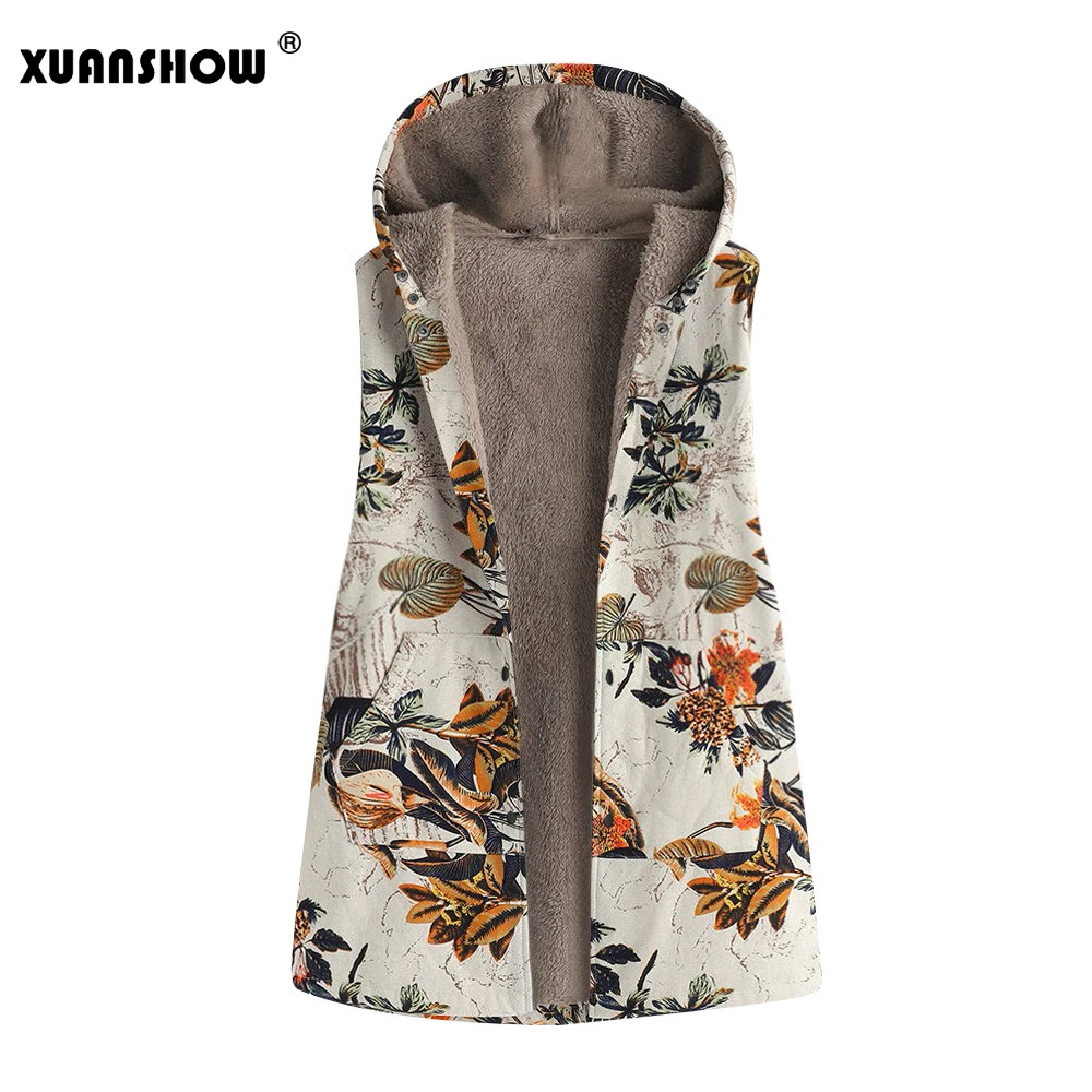 XUANSHOW новая зимняя одежда модные цветочные печатные куртки без рукавов с капюшоном для женщин Повседневная Флокированная Женская майка пальто - Цвет: Orange