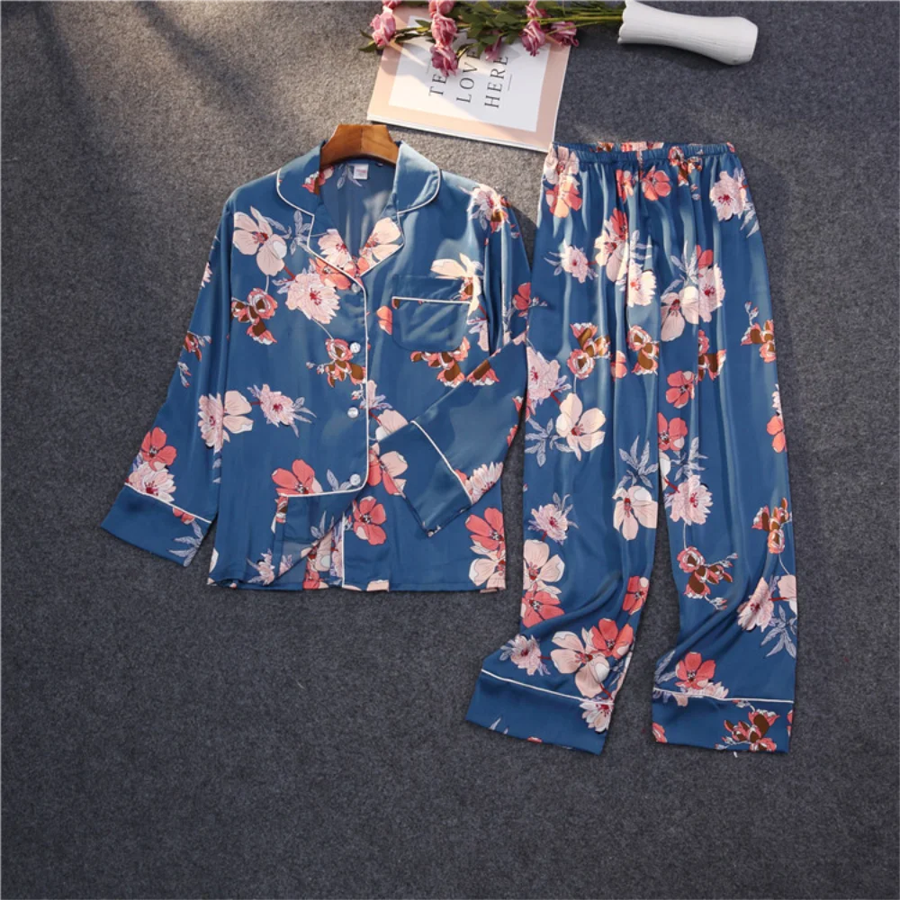 Женский пижамный комплект из двух предметов длинные штаны атласа с шелковым