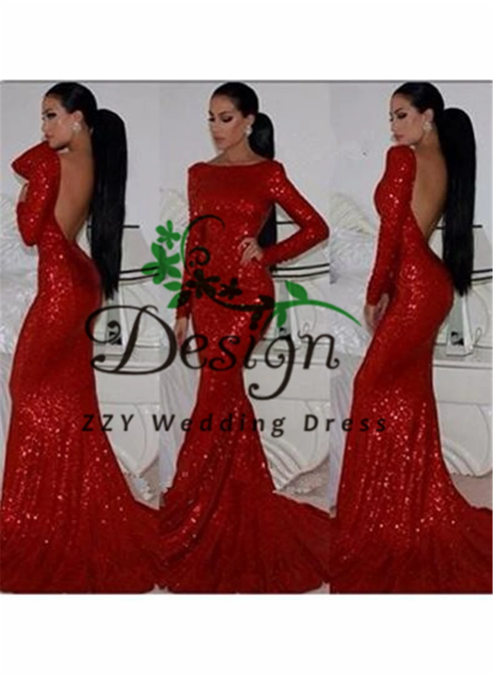 

2019 Sparkling Red Long Sleeves Boat Neck Backless Sequins Evening Dresses Dropped Mermaid Sweep Train Floor Length Prom Gowns