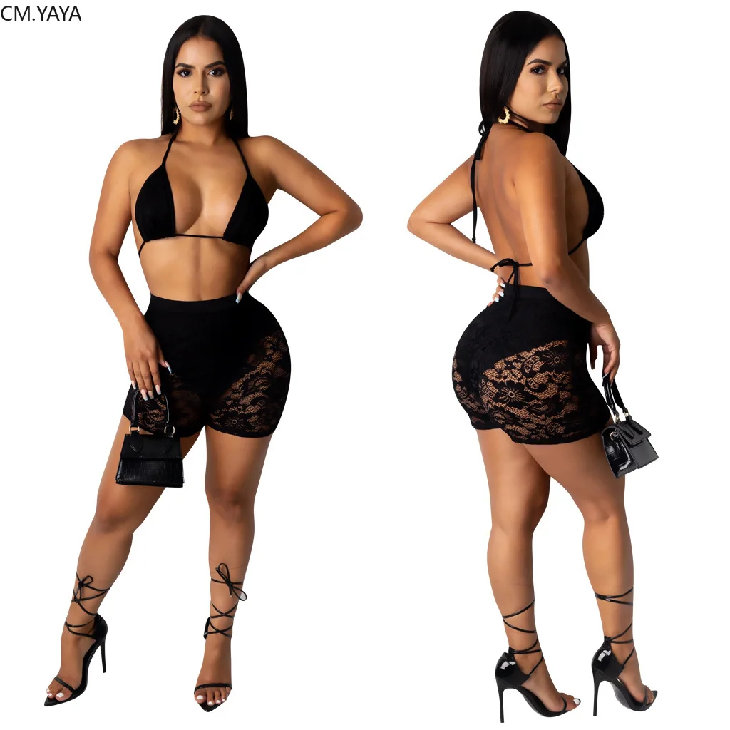 Женский укороченный топ CM.YAYA с лямкой через шею кружевные шорты леггинсы