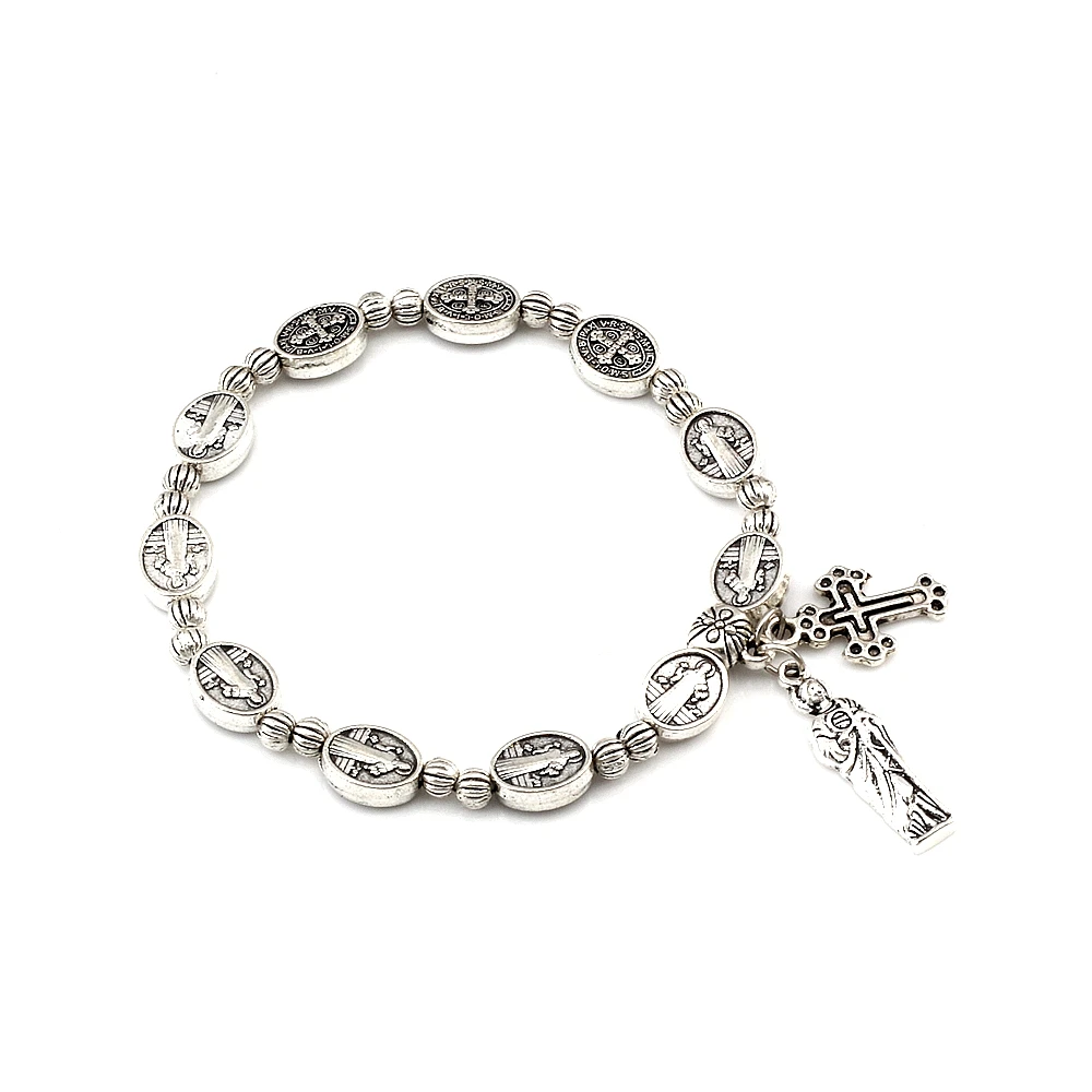 

12Pcs Saint Benedict Medal Alloy Beaded Bangles For Men Women Christ Juses Cross Virgin Mary Pendant Bracelets C-80