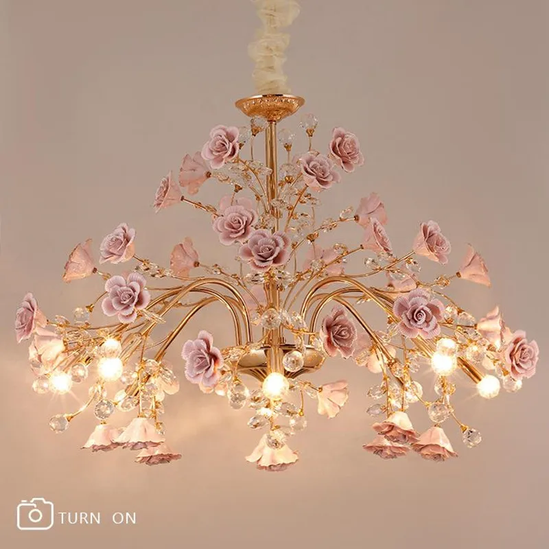 

Bedroom light luxury crystal chandelier European style branch peach powder ceramic lantern court rose 2022 new year decorative