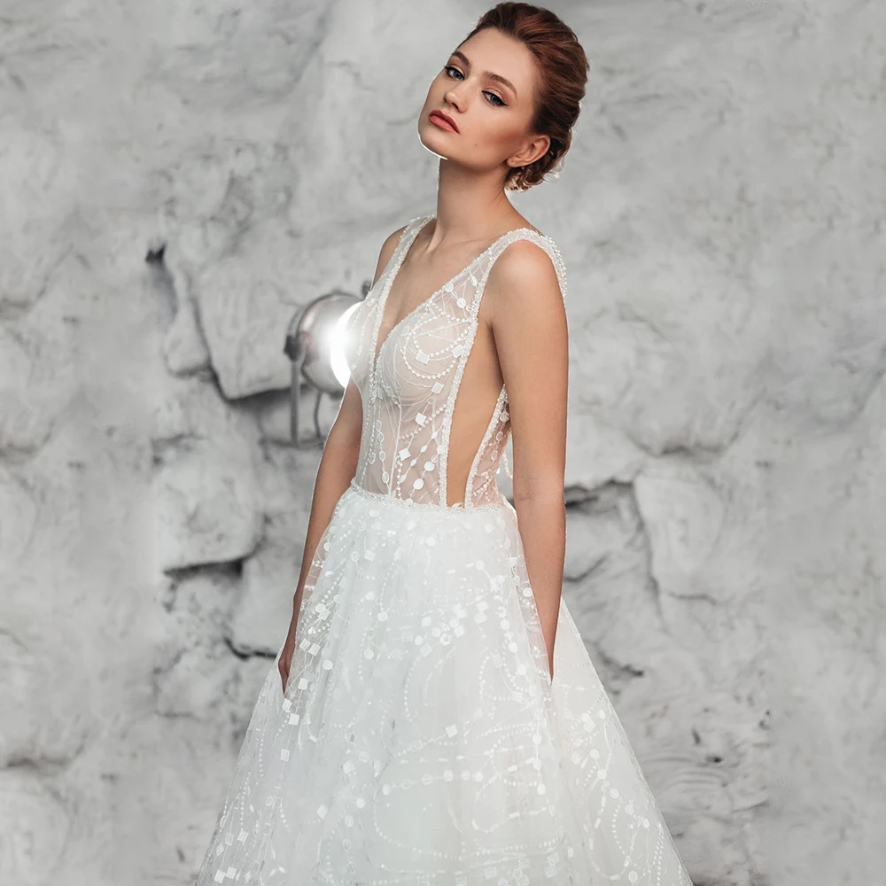 

Exquisite Floor Length Lace Wedding Dress Ivory Cap Sleeves Beading A Line Bridal Gown Elegant V Neck Sweep Train Vestidos