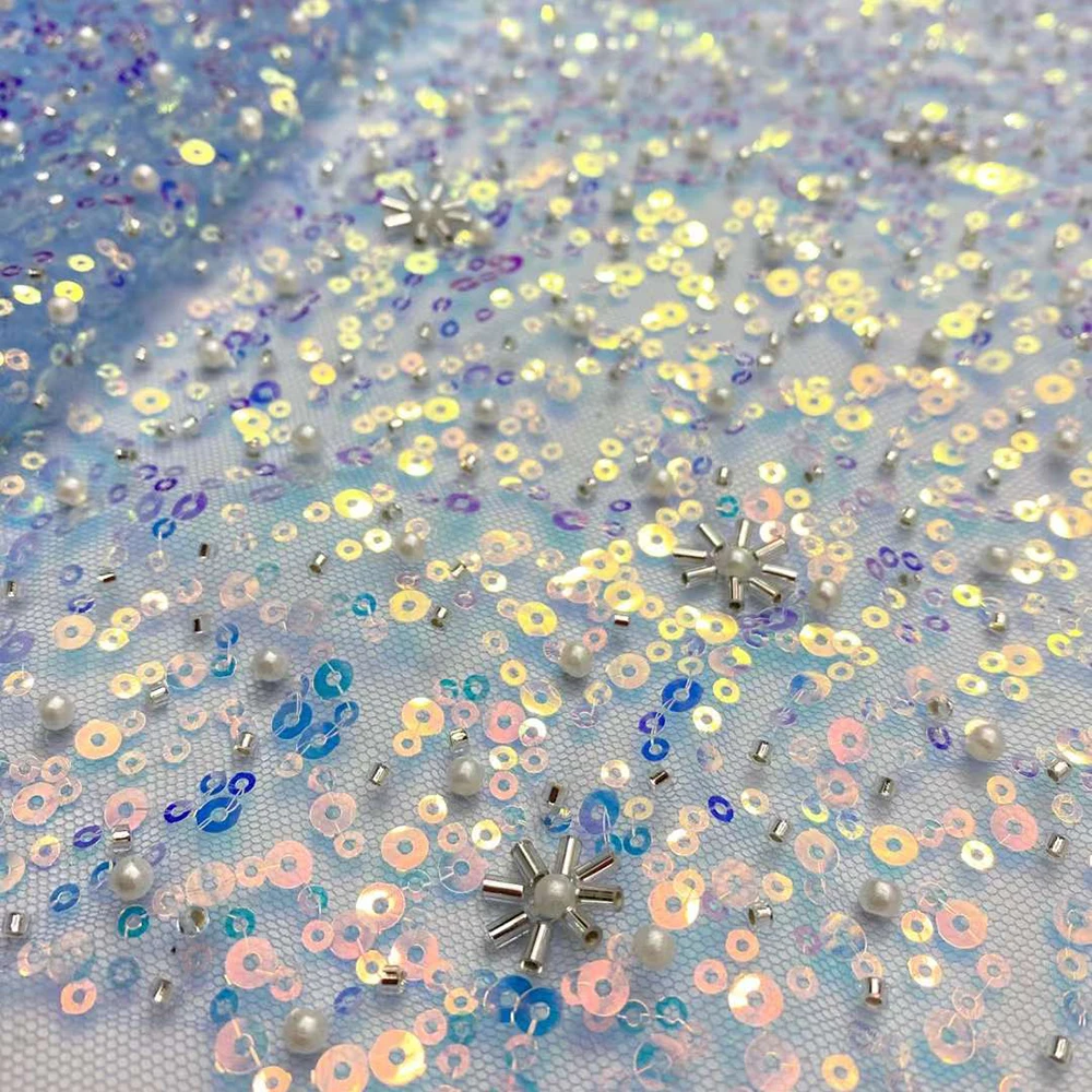 

Hot Sale Beautiful Women Beads Sequins Embroidered Lace Fabric For Dress High Quality Pearl Sequins Lace Fabric
