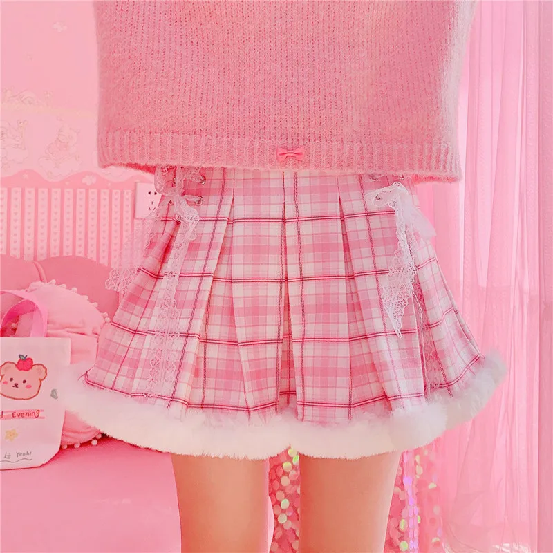 

New Kawaii Pleated Mini Skirt Women Korean Fashion Plaid Cute Lace Cosplay School Gilr Lolita Female Warm Short Tutu Skirts