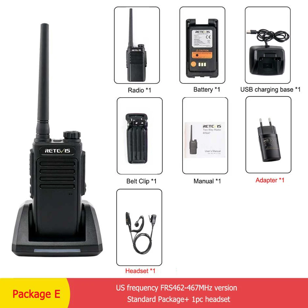 Package E RETEVIS RT47/RT647 IP67 водонепроницаемая рация PMR радио PMR446/FRS VOX 2 способ радио Comunicador трансивер для Baofeng UV-9R - Цвет: Package E