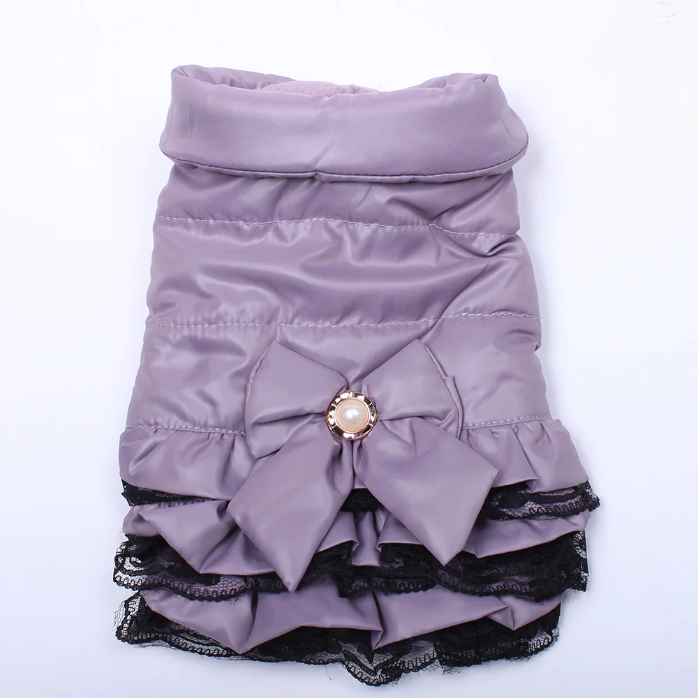 Зимнее теплое пальто для собак и кошек куртка платье с бантом кружевом