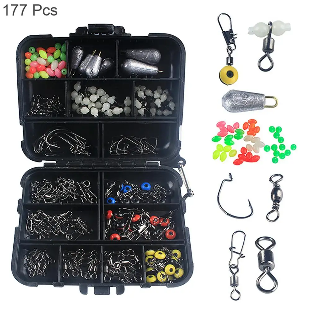 

177PCS Fishing Kackle Kit Box with Fishing Sinker Rolling rotary snap connector Durable Quality fishing hook tools