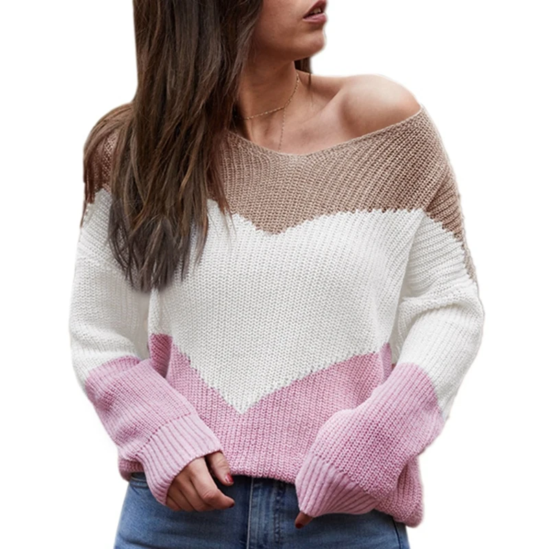 

Women's Fashion Color Matching V-Neck Long-Sleeved Loose Knit Sweater